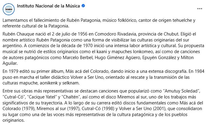 Parte del extenso texto del Instituto de la Música al recordar a Rubén Patagonia
