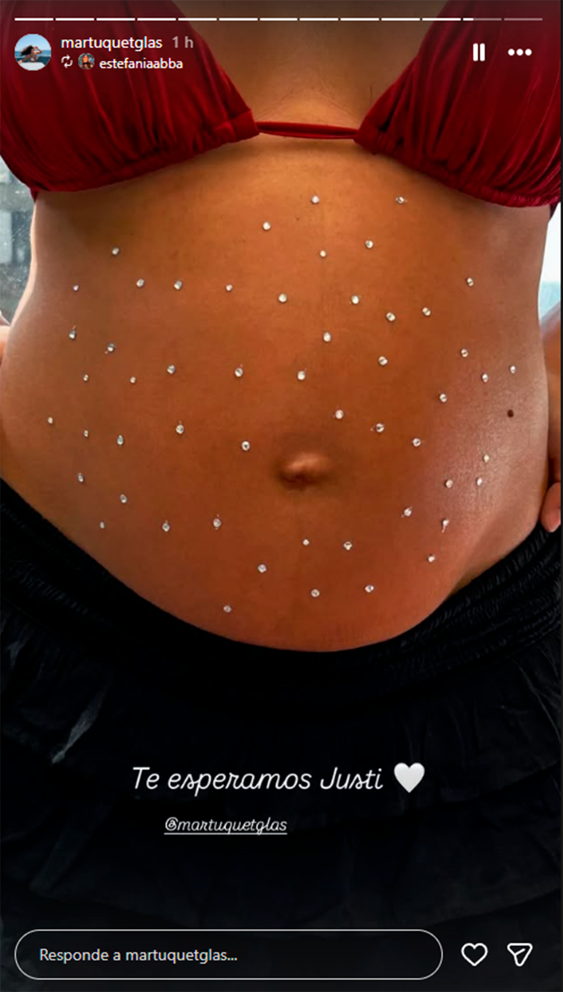Martina Quetglas lució su embarazo con una bikini bordó y brillitos plateados en la panza, destacando el arte y la emoción del momento (Instagram)