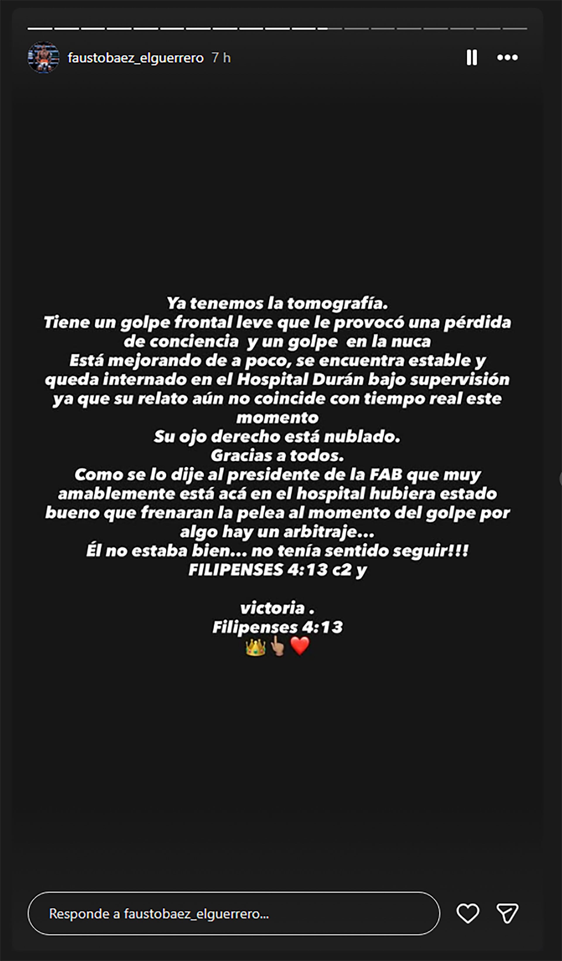 El parte médico de Báez que difundieron desde su cuenta oficial