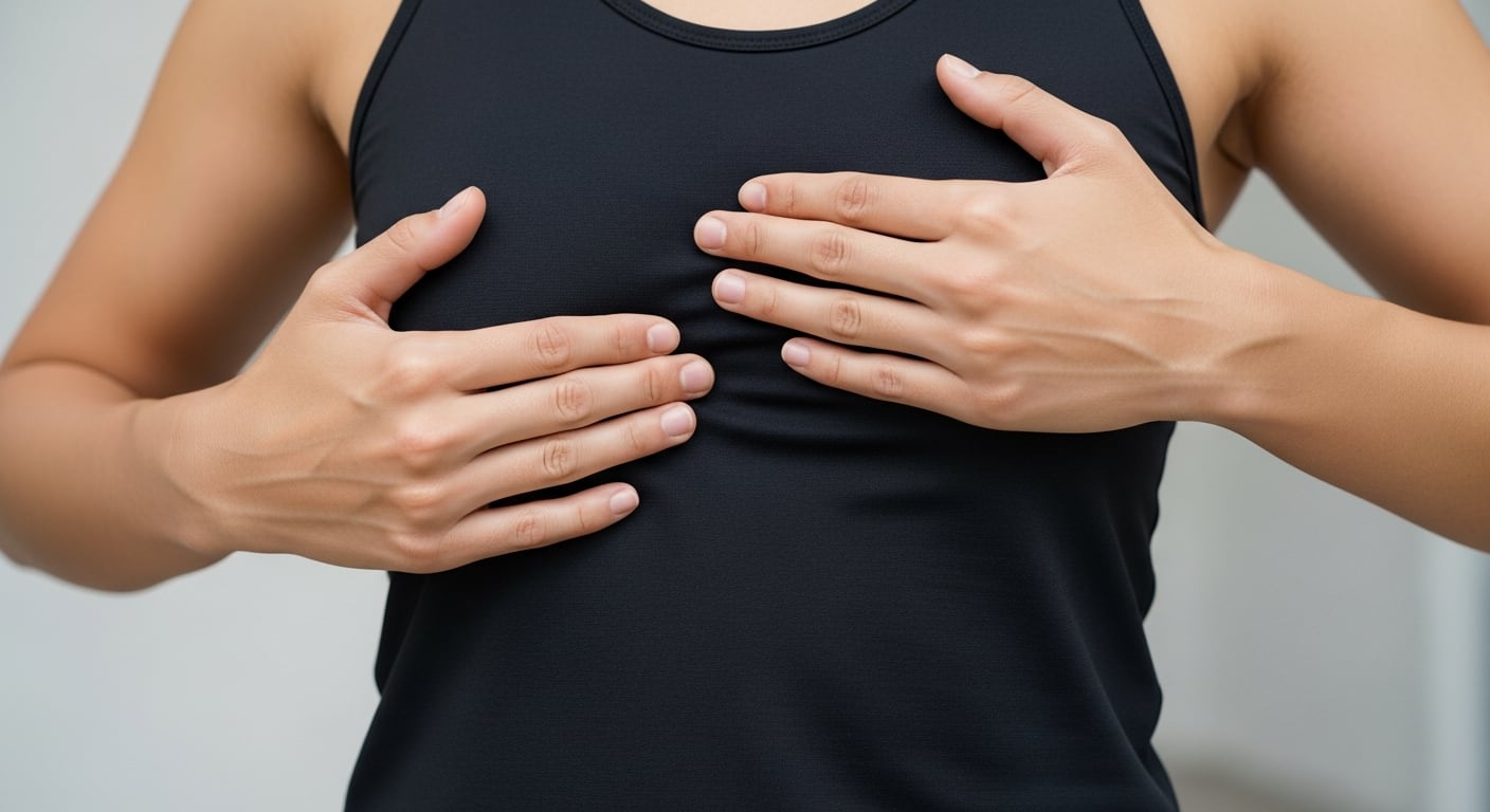 Una persona realiza una autoexploración mamaria presionando suavemente el pecho, una práctica fundamental para identificar posibles anomalías y promover la prevención del cáncer de mama. (Imagen Ilustrativa Infobae)