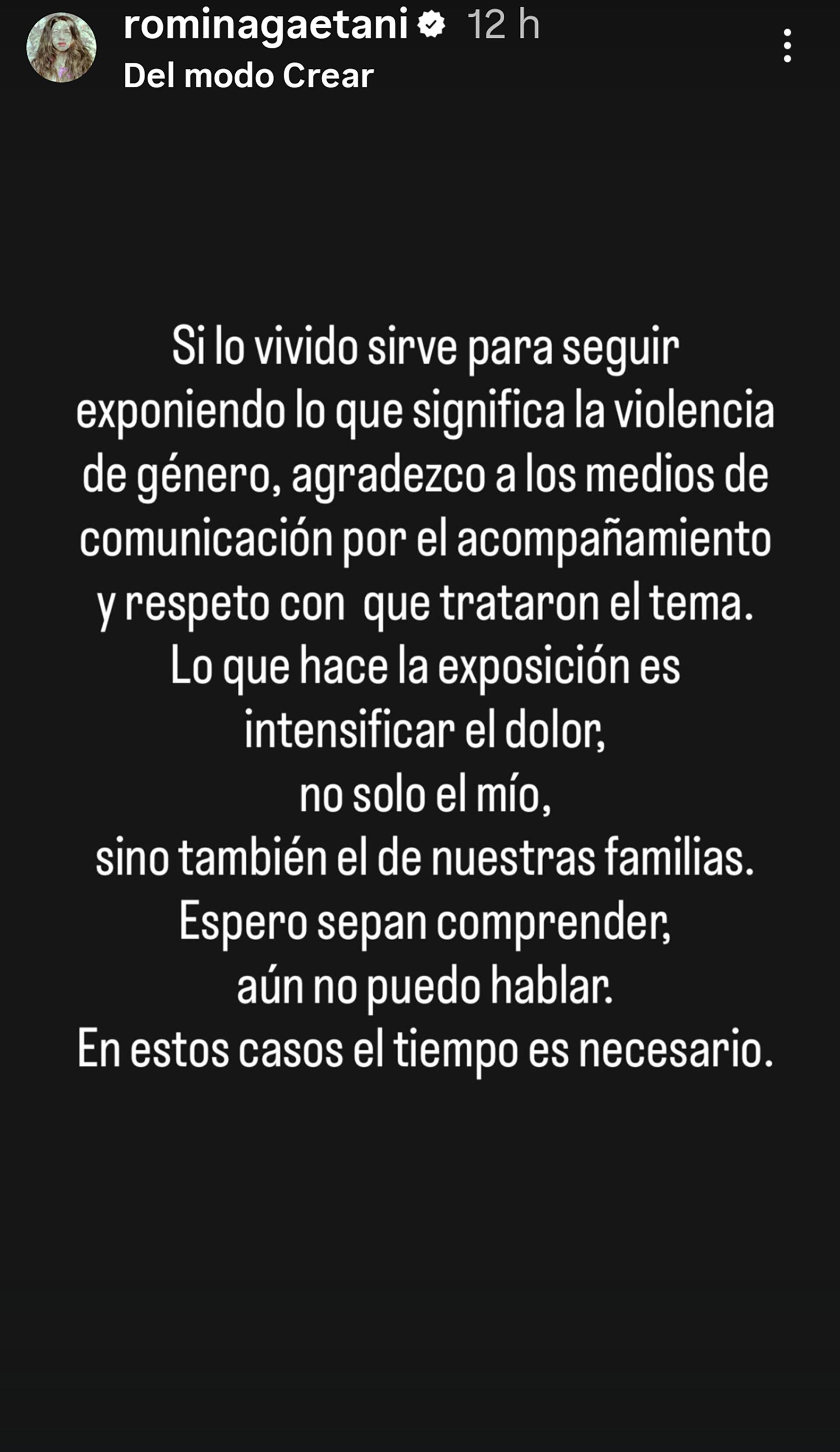 Romina Gaetani se expresó en sus redes sociales
