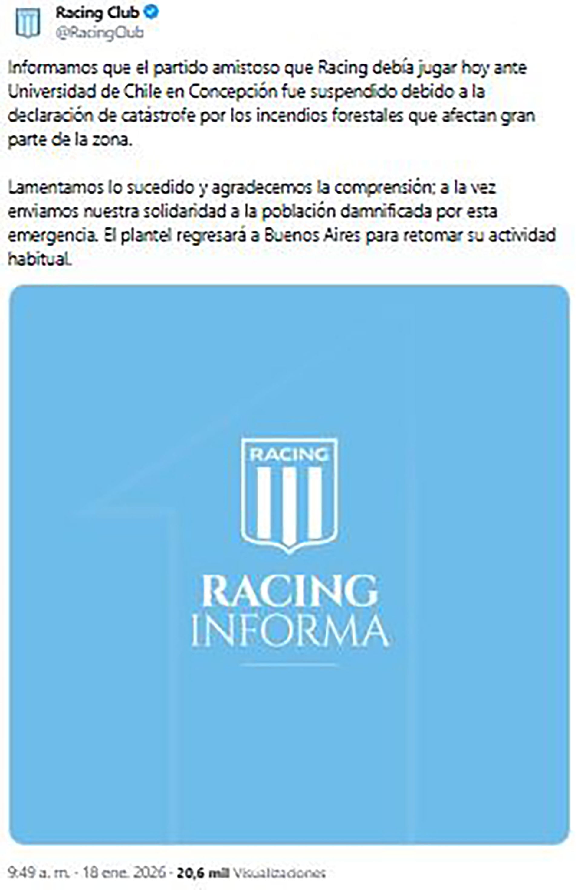 El comunicado de Racing tras la suspensión del partido amistoso frente a la U de Chile 