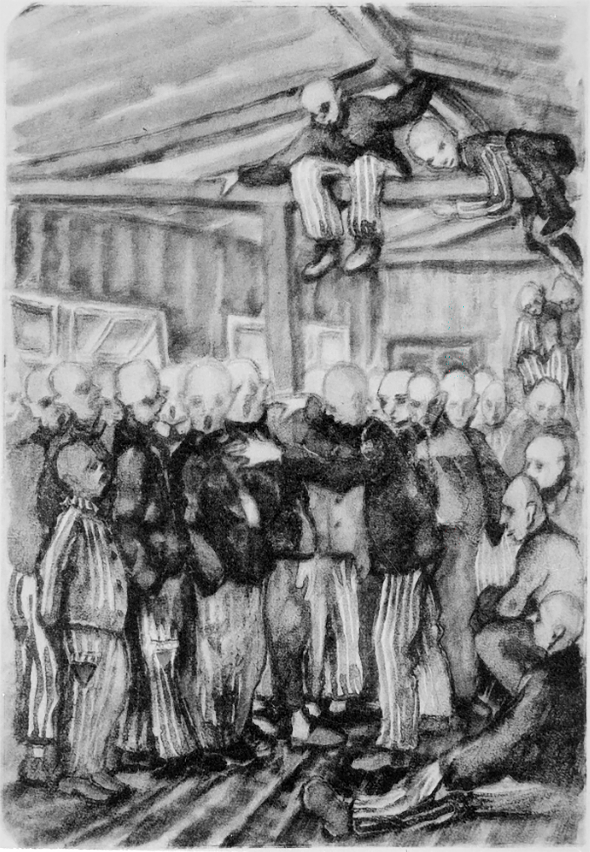 Vladimir Matejka, que pasó un tiempo en Dachau, dibujó esta imagen de un coro del campo entreteniendo a los prisioneros