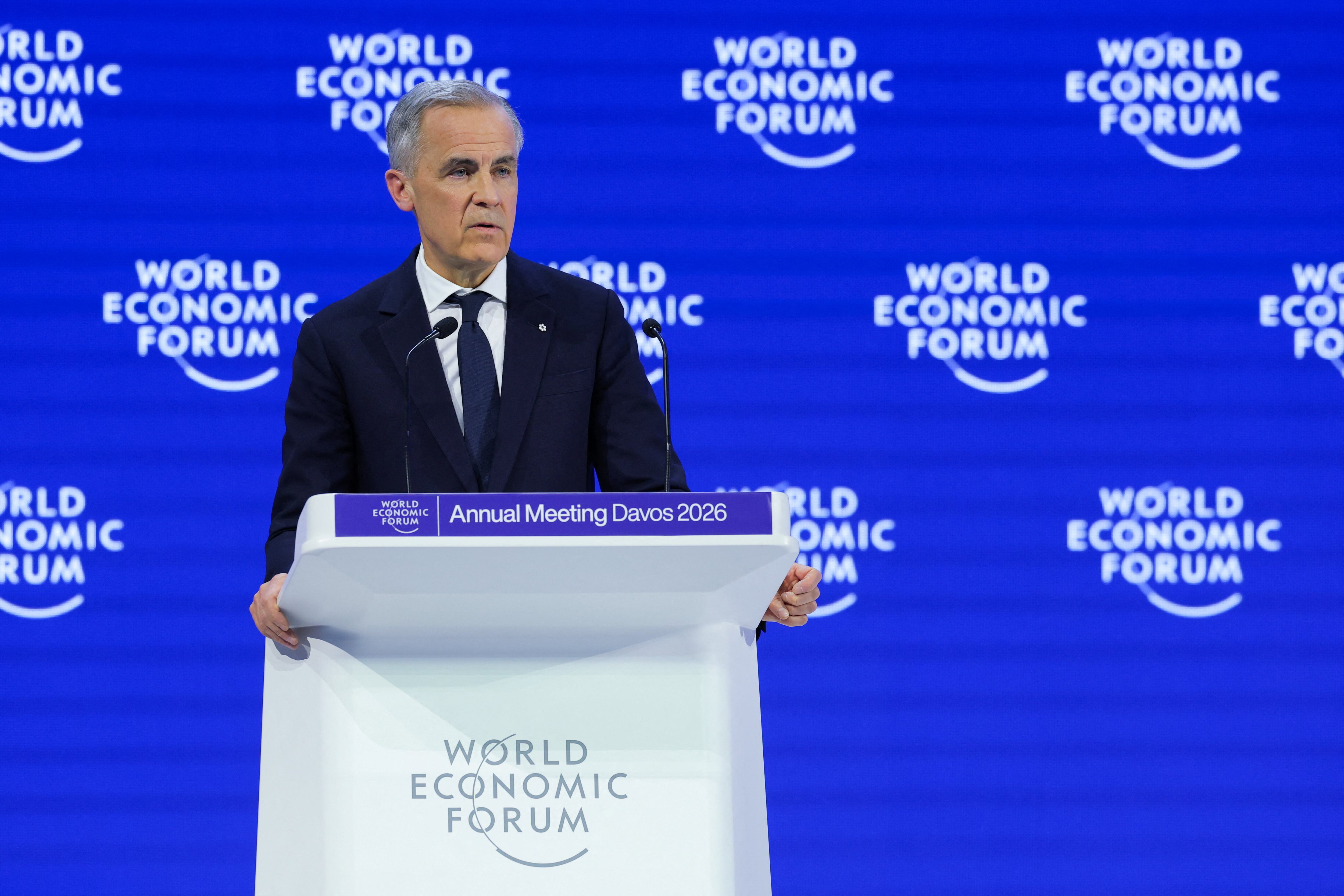 El primer ministro de Canadá, Mark Carney, habla durante la 56ª reunión anual del Foro Económico Mundial (FEM) en Davos, Suiza, el 20 de enero de 2026. REUTERS/Denis Balibouse