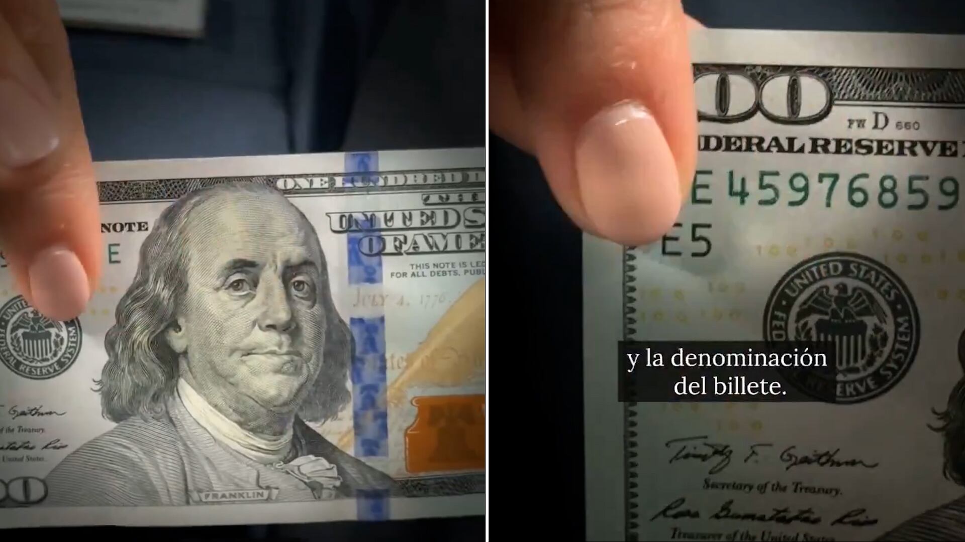 El tutorial recomienda primero tocar la figura del prócer y la denominación del billete para sentir el relieve en el papel moneda
