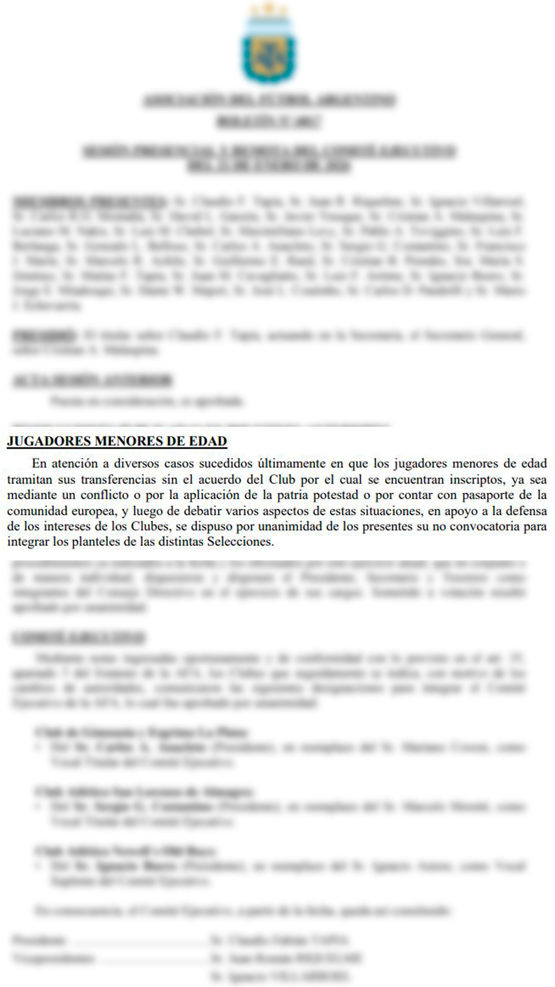 El boletín N° 6817 del Comité Ejecutivo de AFA oficializó la medida