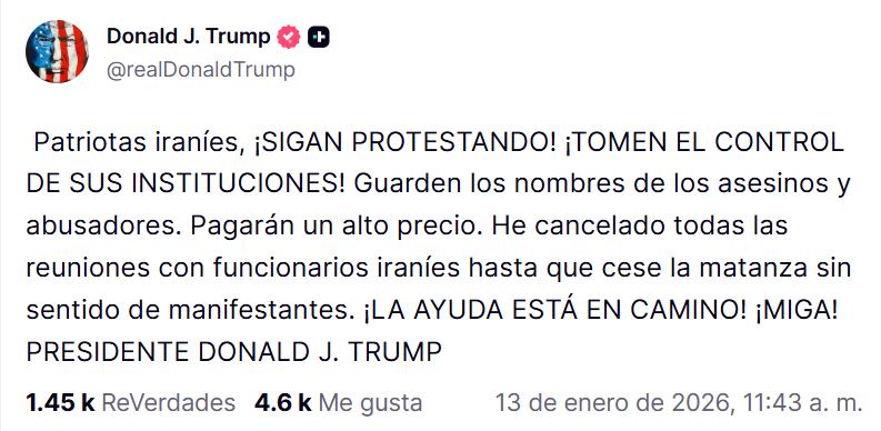 El mensaje de Trump en Truth Social