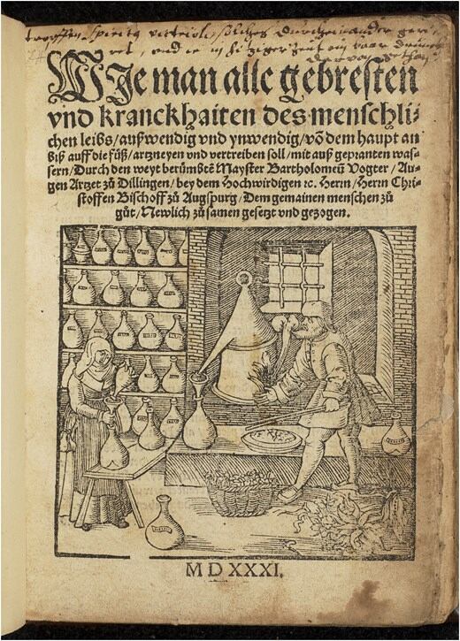 La portada de esta colección de recetas médicas muestra una de las representaciones más emblemáticas de la inversión de mujeres y hombres en los ensayos de recetas en la Alemania moderna temprana. Biblioteca e Instituto de Investigación John Rylands (JRRIL), Universidad de Manchester, Colección impresa médica (anterior a 1701) 2535. Imagen proporcionada por Biblioteca e Instituto de Investigación John Rylands, Universidad de Manchester.