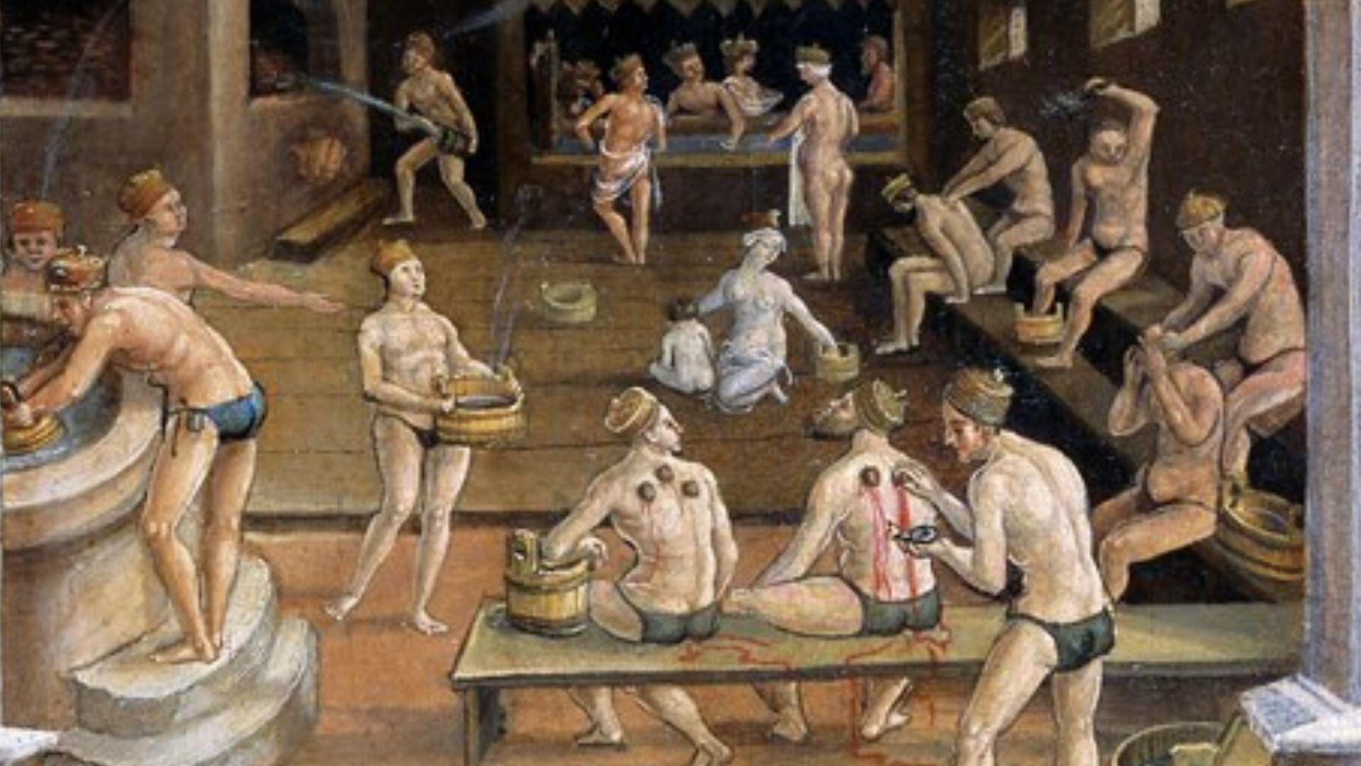 Las fuentes visuales del siglo XVI destacan la importancia del cuidado capilar, como lavarlo, peinarlo o cortarlo, para los regímenes de salud renacentistas más amplios, que se centraban en las funciones depurativas de la sudoración, el lavado, las ventosas y los masajes, así como en su importancia para el mantenimiento del equilibrio de los flujos corporales. Hans Wertinger, La Casa de Baños , Landshut, ca. 1516/25. © Germanisches Nationalmuseum Nuremberg, Gm2300. Foto: Monika Runge.