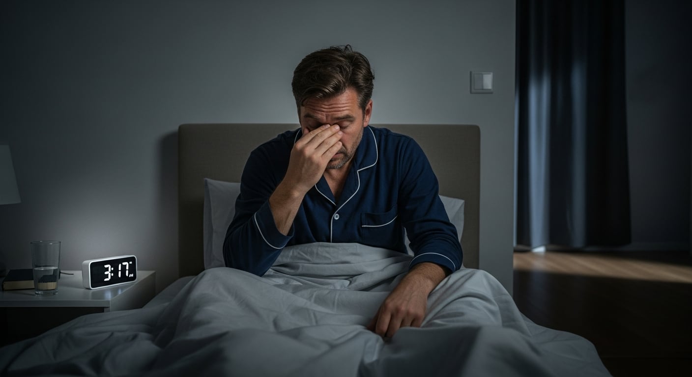 Un hombre se sienta en la cama durante la madrugada, visiblemente cansado y preocupado, mientras el reloj marca las 3:17 a.m. La escena ilustra el impacto del insomnio y los trastornos del sueño en la vida cotidiana. (Imagen Ilustrativa Infobae)