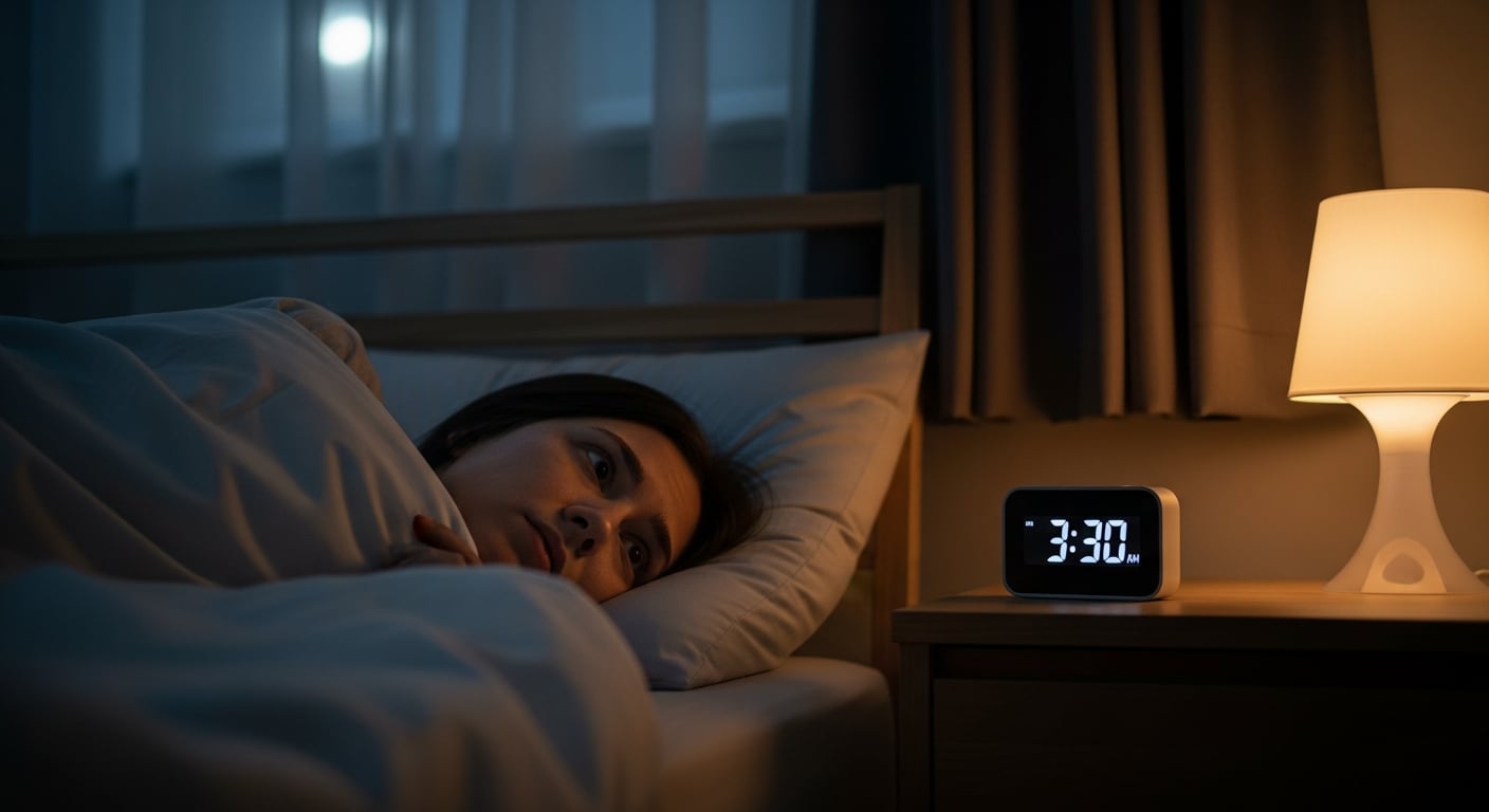 Una mujer permanece despierta en la cama durante la madrugada, observando el reloj que marca las 3:30 a.m., en una habitación tenuemente iluminada. La escena refleja la dificultad para conciliar el sueño, un problema común en la sociedad moderna. (Imagen Ilustrativa Infobae)