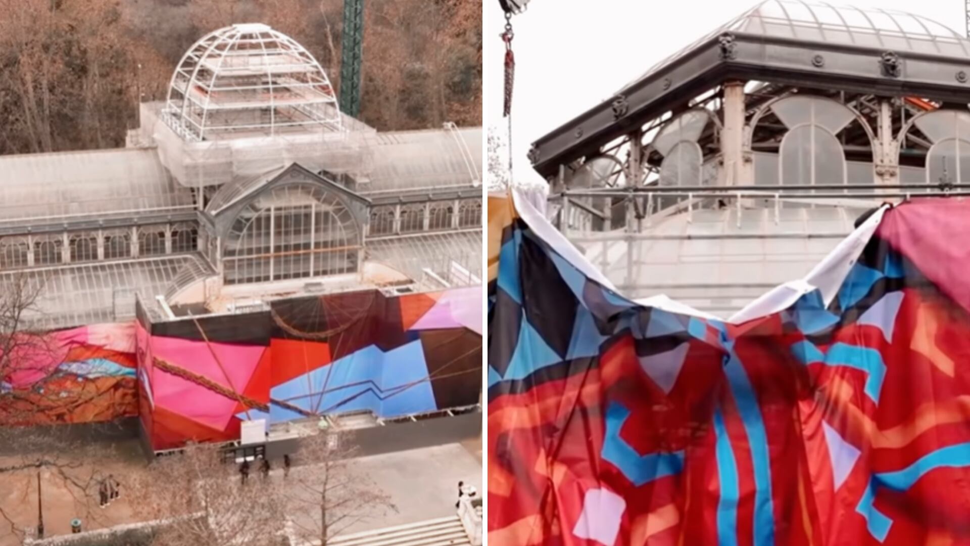 El edificio del parque El Retiro quedó cubierto con una obra de la artista peruana Andrea Canepa permitiendo que visitantes descubran el proceso creativo mientras la edificación es sometida a tareas de mejora (Foto: Instragram @museoreinasofia)