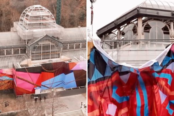 Una “lona precolombina” transforma la fachada del Palacio de Cristal
