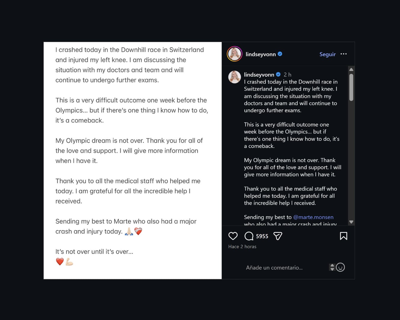 El comunicado que compartió Lindsey Vonn en sus redes sociales