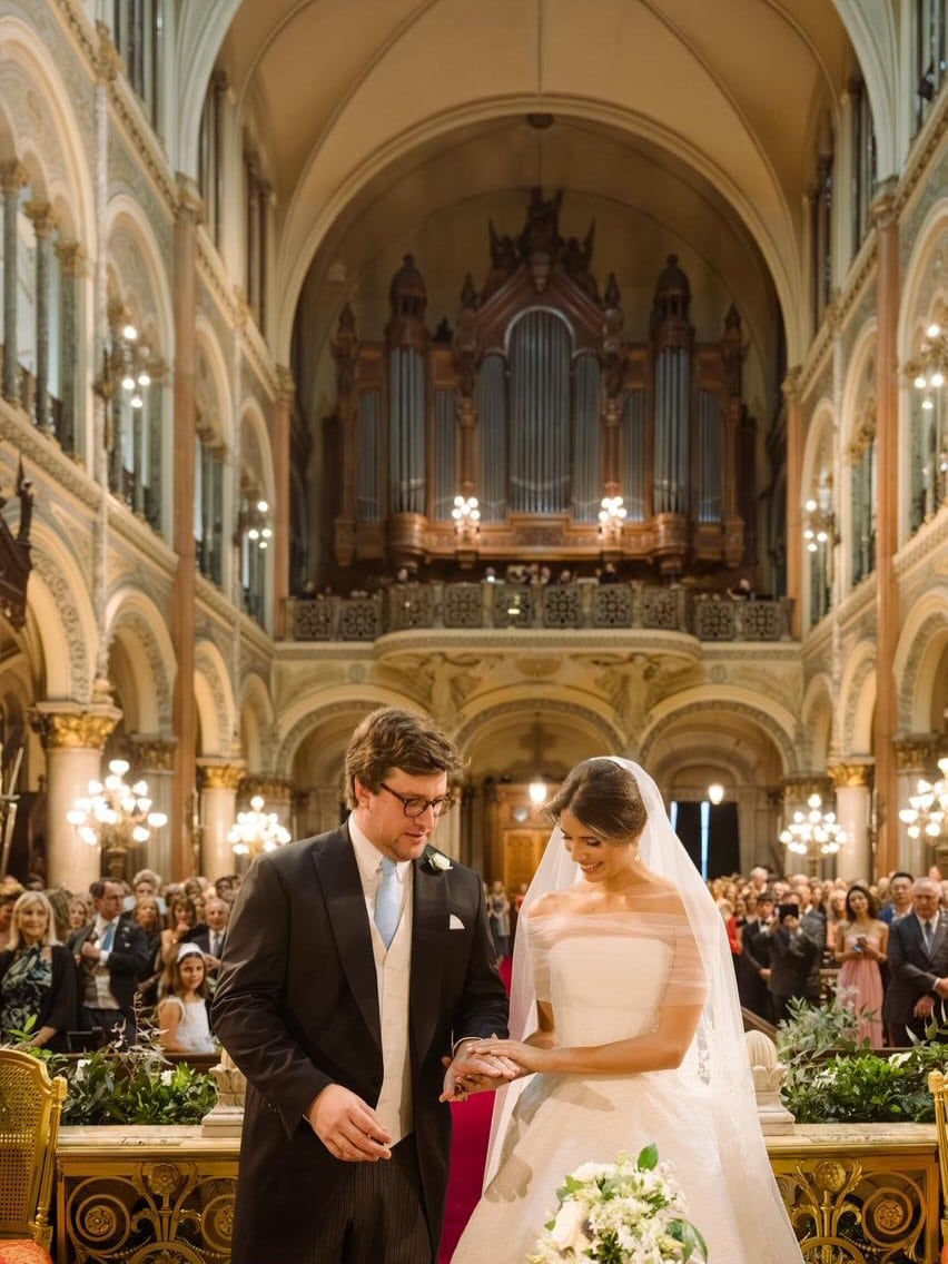 Taína Laurino, hija de Anamá Ferreira, y Georgie Neuss intercambian votos durante su emotiva ceremonia de boda en una majestuosa iglesia.