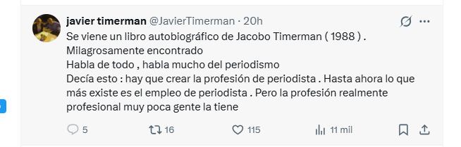 Javier Timerman tuitea sobre el