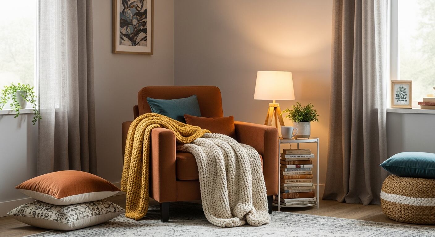 Un rincón pequeño en una casa, con sillón cómodo, manta, lámpara suave y libros. Elementos textiles y colores cálidos que sugieren protección y refugio emocional (Imagen Ilustrativa Infobae)
