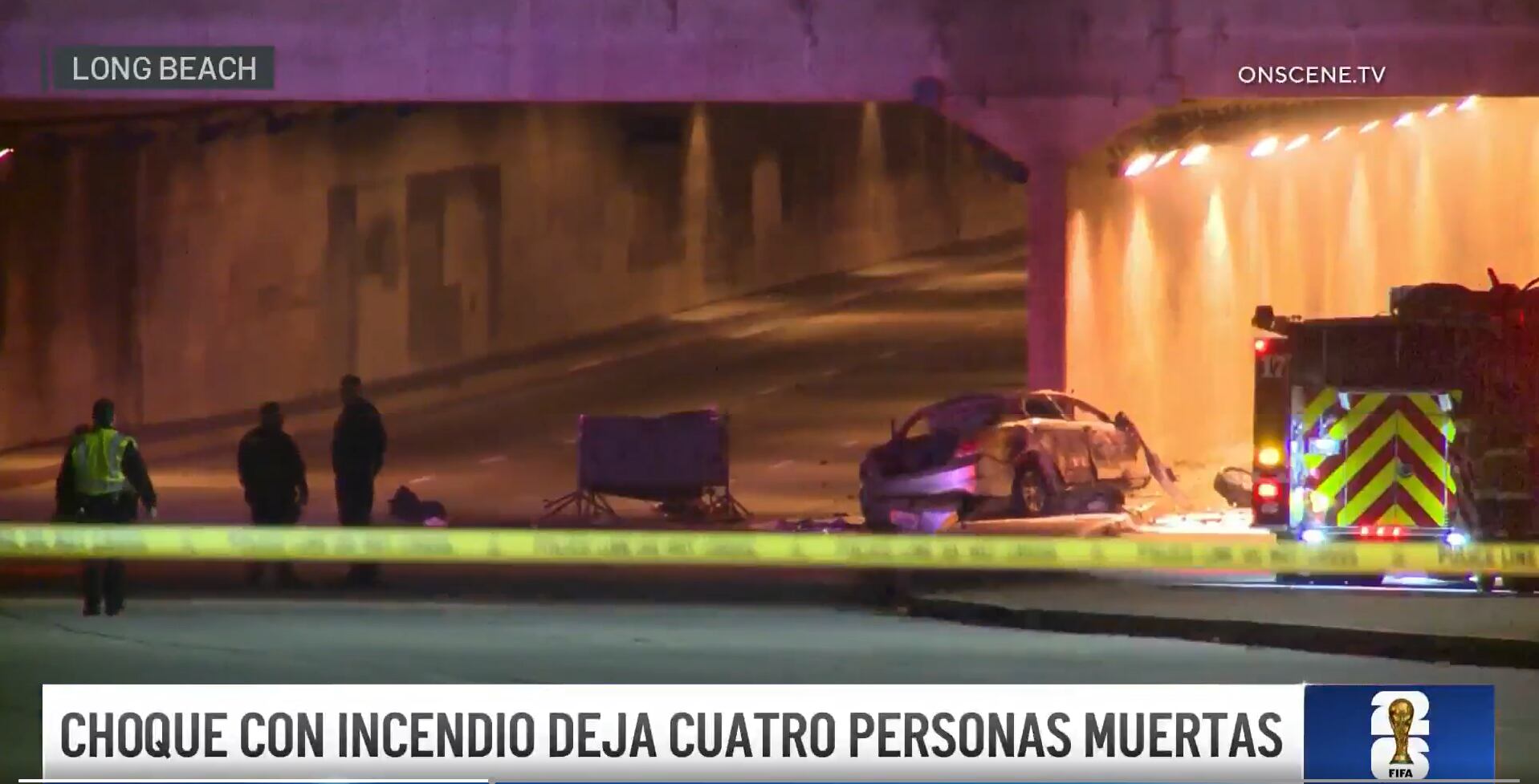 Las autoridades locales reportaron el deceso de cuatro individuos tras un siniestro vial ocurrido durante la madrugada en la zona cercana al aeropuerto internacional, mientras investigan las causas del percance registrado este sábado. (Captura de pantalla Telemundo56)