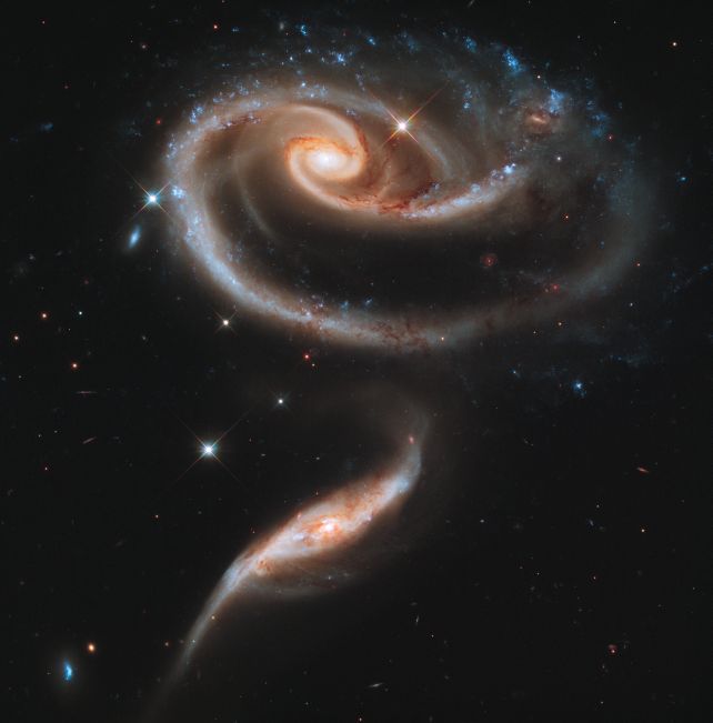 Dos galaxias en interacción gravitacional forman una estructura similar a una flor, el fenómeno desencadena nacimiento de nuevas estrellas (NASA) 