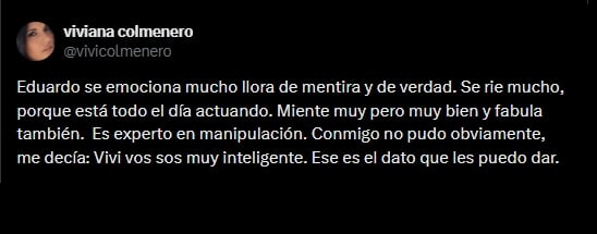 Viviana Colmenero arremetió contra Eduardo Carrera en un tuit, señalándolo como un experto en manipulación que miente y actúa constantemente.