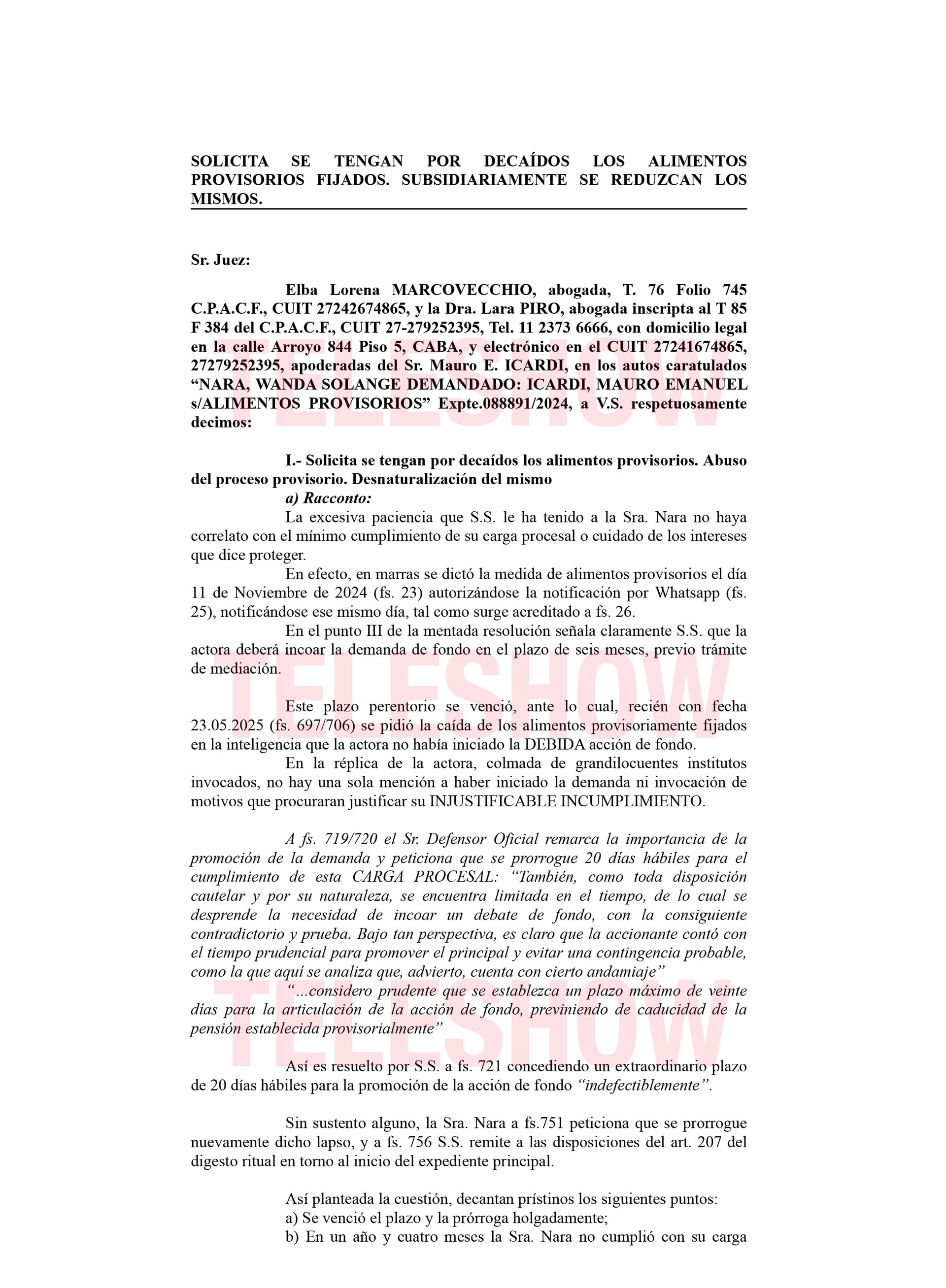 Un documento legal muestra la solicitud de la defensa de Mauro Icardi para que los alimentos provisorios fijados sean declarados caducados, marcando un giro en el proceso judicial