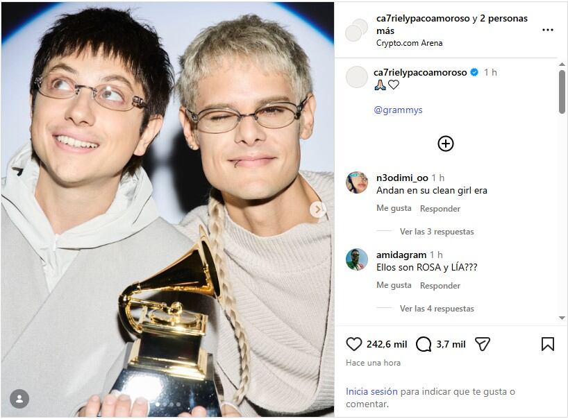 El posteo de Ca7riel y Paco Amoroso con la estatuilla Grammy se viralizó en Instagram, acumulando miles de likes y comentarios en minutos