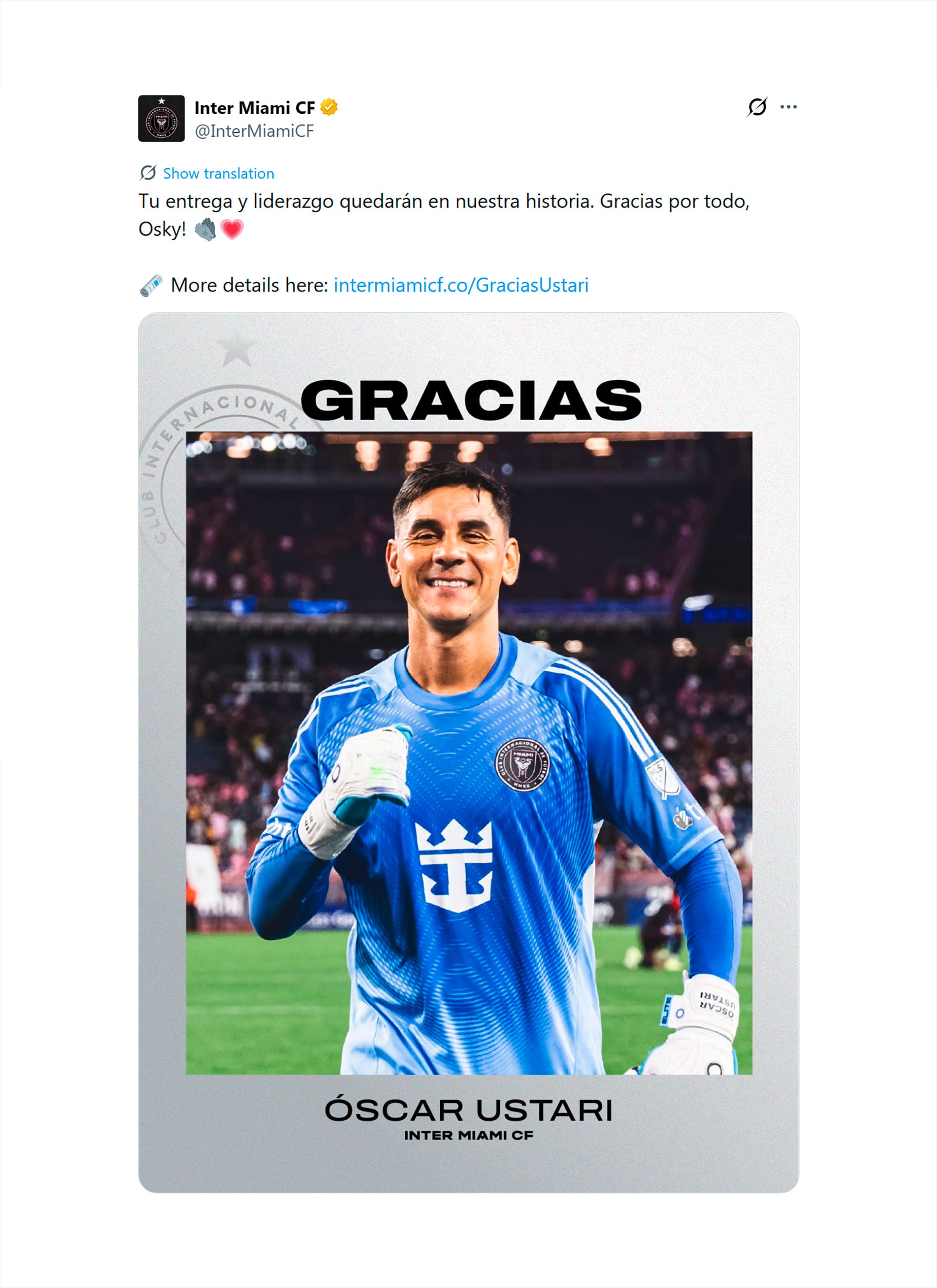 El mensaje de despedida del Inter Miami para Óscar Ustari