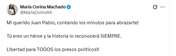 María Corina Machado celebró la excarcelación de Juan Pablo Guanipa
