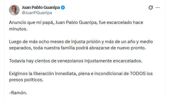 El mensaje de la familia de Juan Pablo Guanipa tras su excarcelación en Caracas