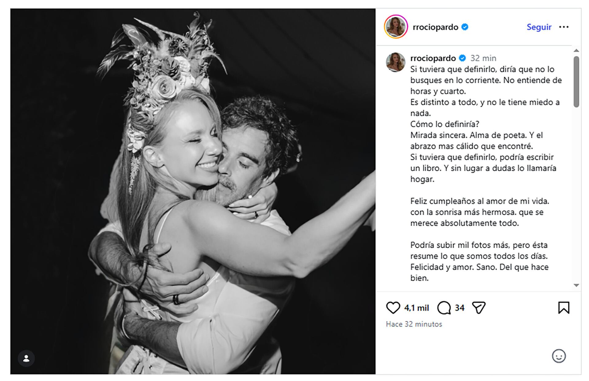 Rocío Pardo y Nicolás Cabré comparten un íntimo y tierno abrazo en una imagen en blanco y negro que irradia felicidad y amor (Imagen Ilustrativa Infobae)