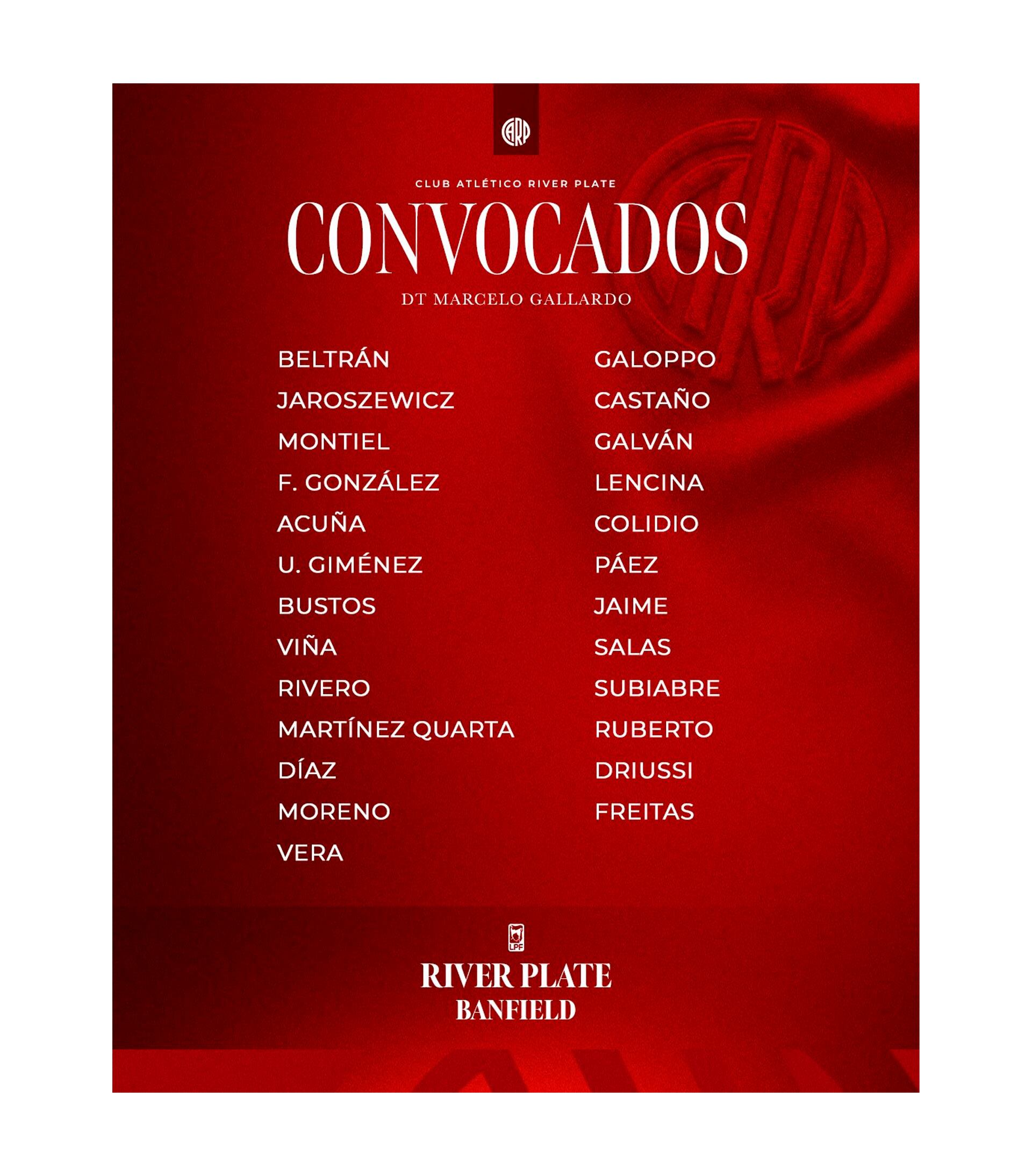 El Club Atlético River Plate publicó la lista oficial de jugadores convocados por el DT Marcelo Gallardo para su partido contra Banfield. (X)