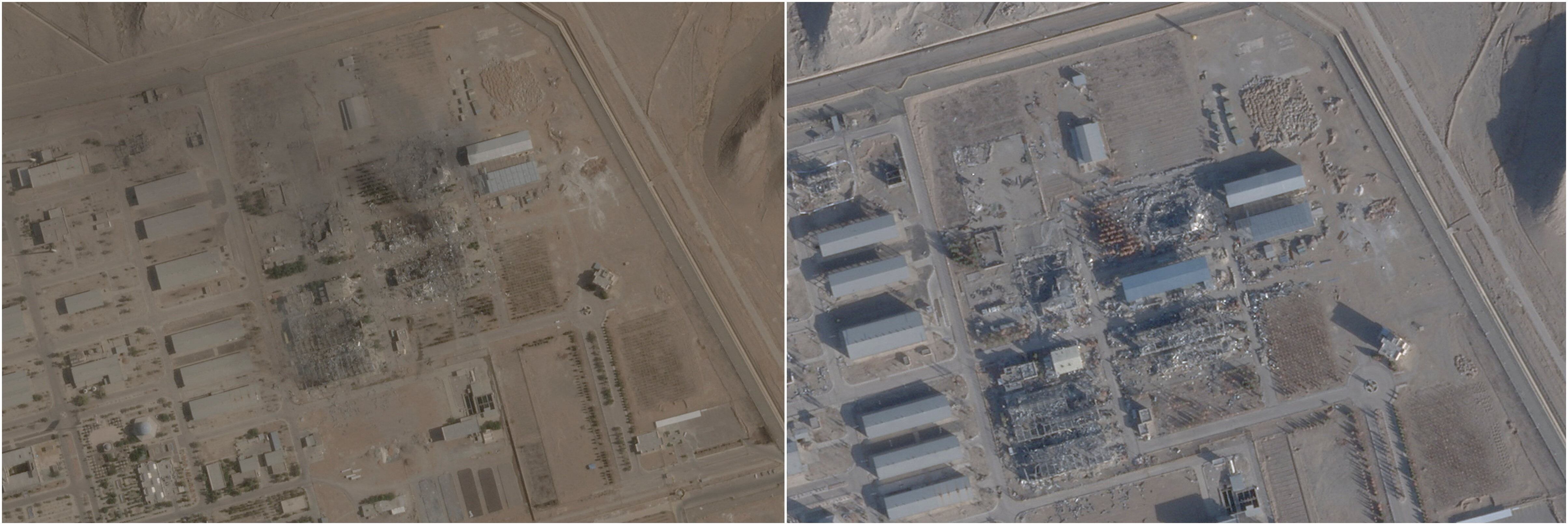 Combinación de imágenes satelitales muestra edificios destruidos (izquierda) y nuevo techo sobre estructura dañada (derecha) en el sitio nuclear de Isfahan, Irán. EEUU atacó las instalaciones en junio de 2025. (Planet Labs PBC vía REUTERS)