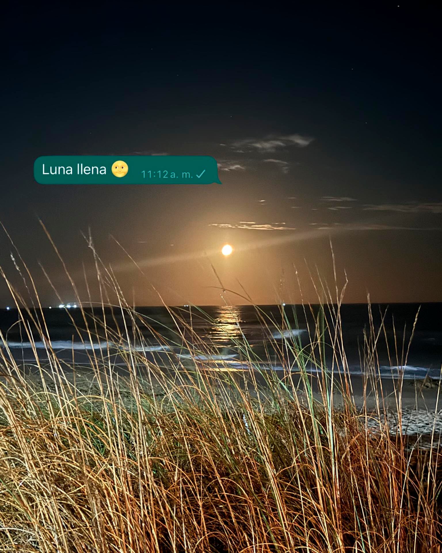 Entre las postales, Karina capturó la luna llena iluminando el mar y la playa, un momento de serenidad en sus merecidas vacaciones
