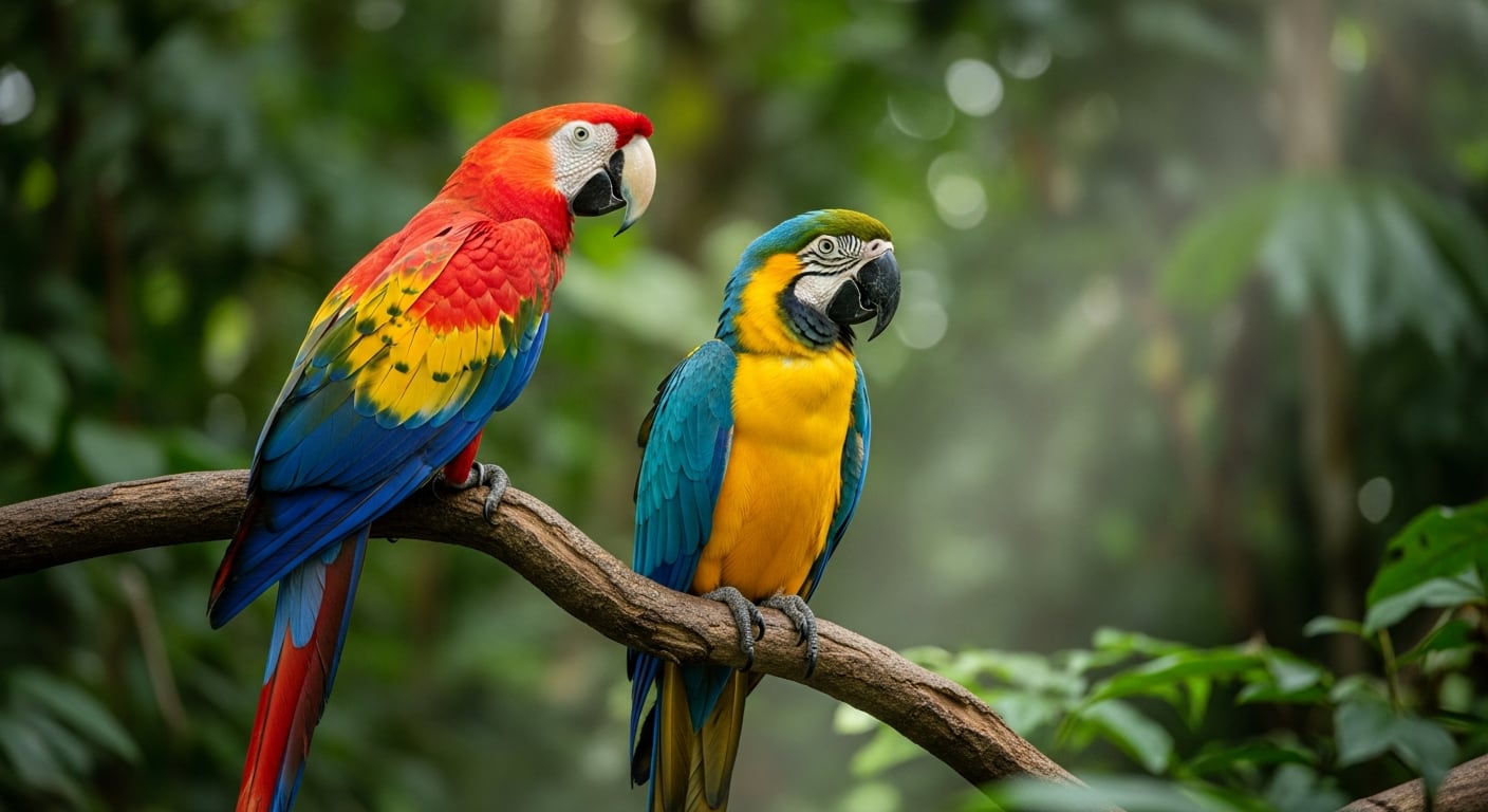 Dos loros coloridos descansan en una rama rodeados de vegetación tropical y luz natural. (Imagen Ilustrativa Infobae)