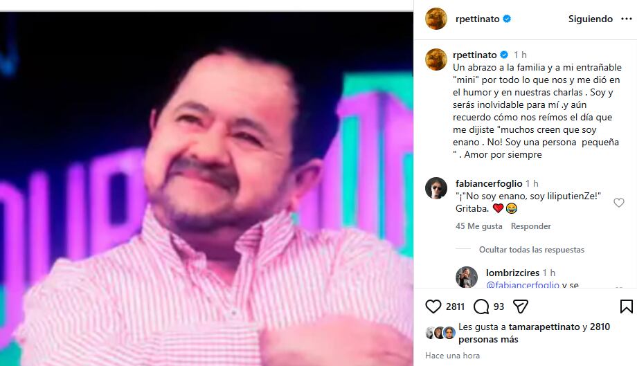 Las palabras de Roberto Pettinato para Juan Carlos Velázquez o El Mini de Duro de domar (Instagram)