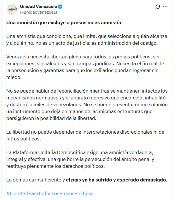 La Plataforma Unitaria Democrática exige una amnistía