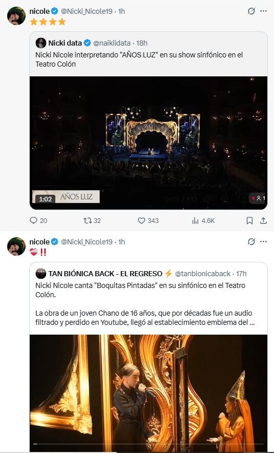 La artista Nicki Nicole durante su aclamado concierto sinfónico en el emblemático Teatro Colón de Buenos Aires, donde interpretó sus éxitos frente a una audiencia emocionada.