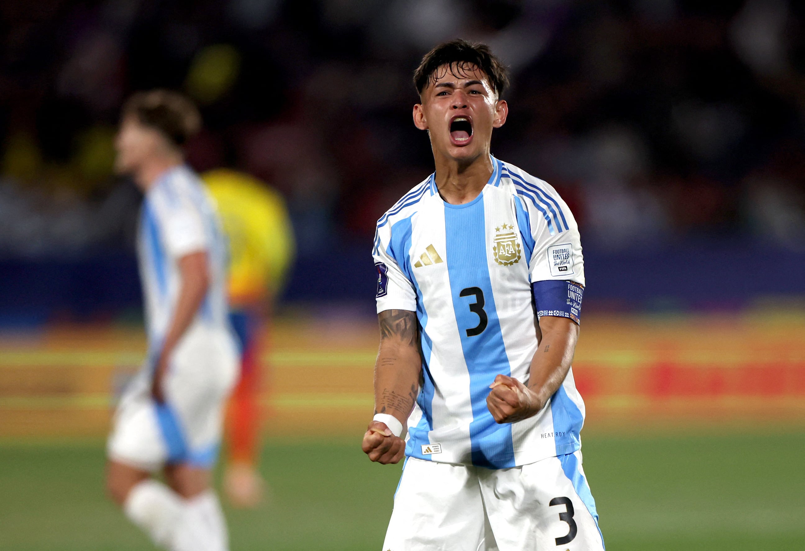 Soccer Football - FIFA World Cup U-20 - Semi final - Argentina v Colombia - Estadio Nacional, Santiago, Chile - October 15, 2025 Argentina's Julio Soler celebrates after the match REUTERS/Pablo Sanhueza
