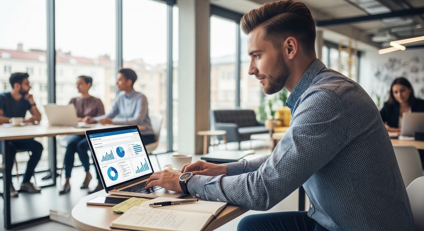 Imagen ilustrativa de emprendedor analizando gráficos financieros en su computadora portátil dentro de una oficina. /(Ilustrativa Infobae)