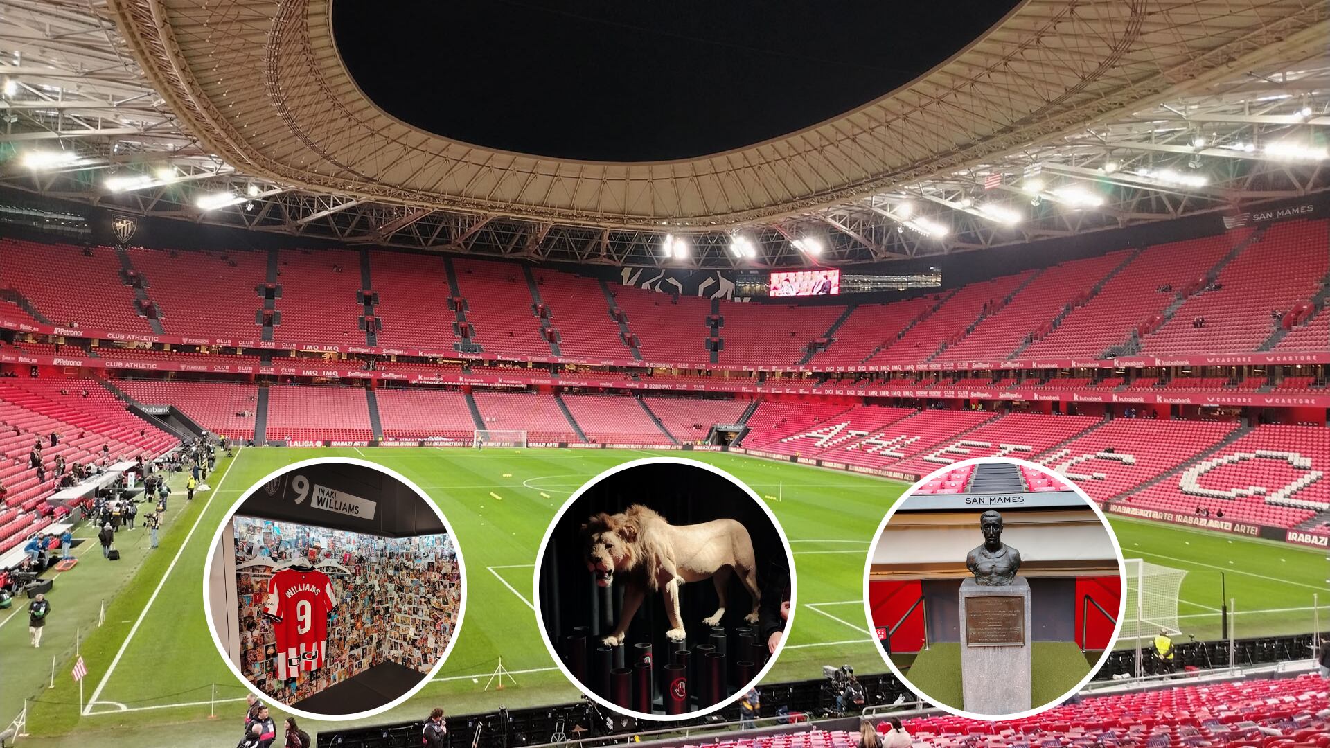La vista panorámica del estadio San Mamés con sus gradas rojas y los detalles de la camiseta de Iñaki Williams, un león embalsamado y un busto conmemorativo a una leyenda (Infobae)