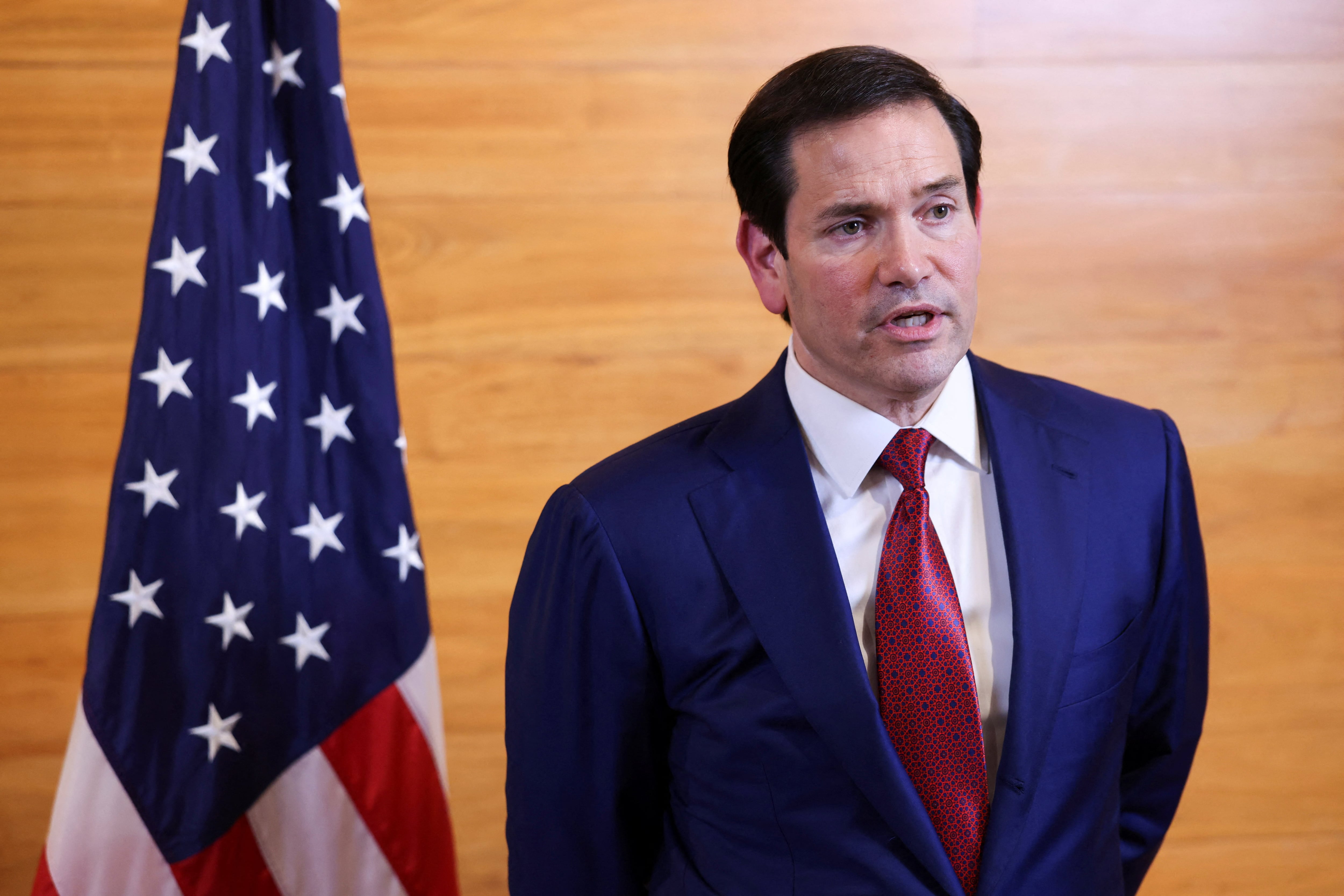 U.S. Secretary of State Marco Rubio speaks to reporters in a departure lounge before returning to Washington following meetings with Caribbean Community (CARICOM) leaders, at Robert L. Bradshaw International Airport in Basseterre, Saint Kitts and Nevis, February 25, 2026. REUTERS/Jonathan Ernst/Pool