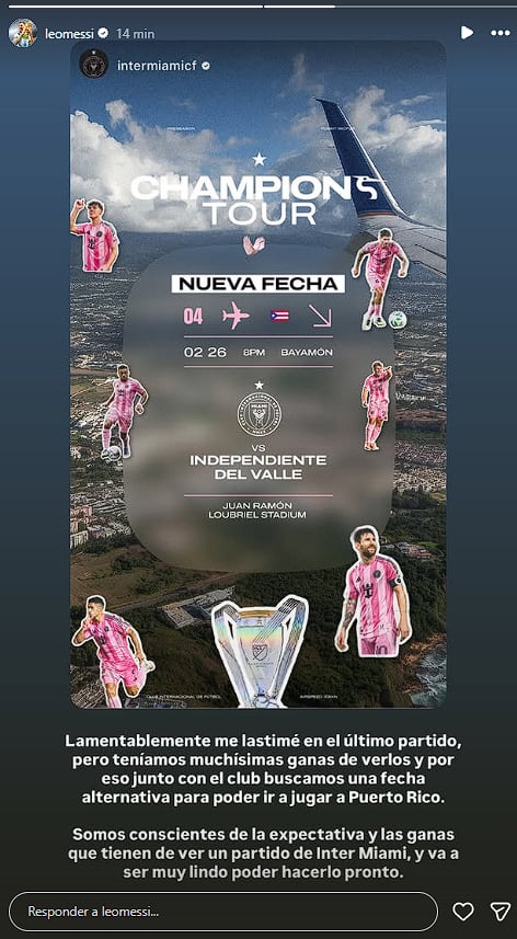 Ante las molestias físicas de Lionel Messi se decidió cambiar de fecha el amistoso de Inter Miami contra Independiente del Valle en Puerto Rico (Crédito: @leomessi/Instagram)