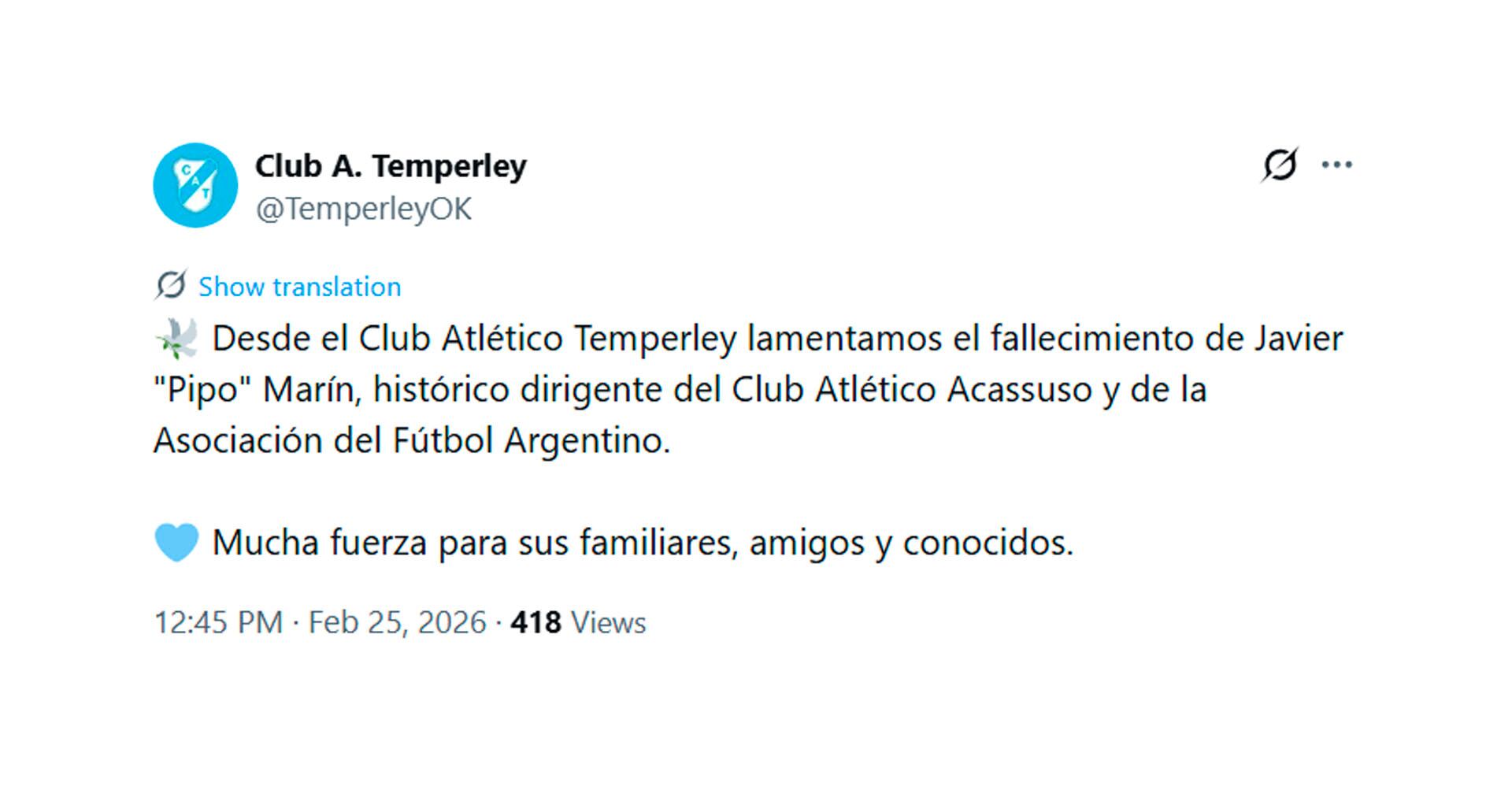 El Club Atlético Temperley publica un tuit expresando su pesar por el fallecimiento de Javier 
