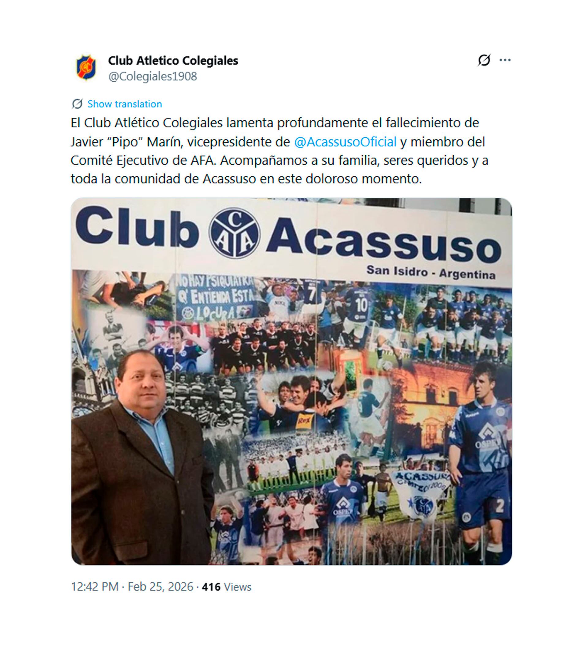 El Club Atlético Colegiales lamenta el fallecimiento de Javier 