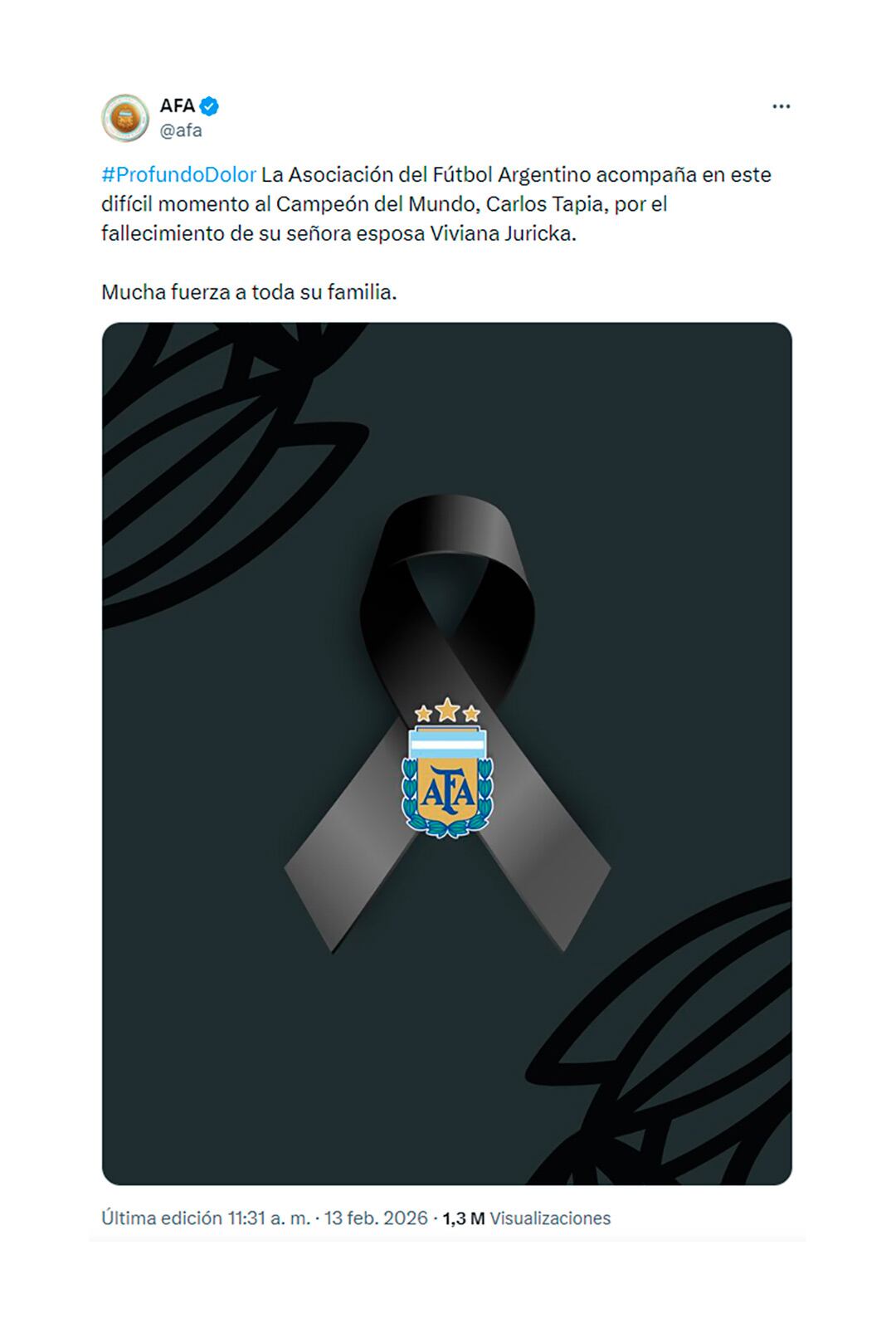 La Asociación del Fútbol Argentino (AFA) expresa su profundo pesar y acompaña a Carlos 