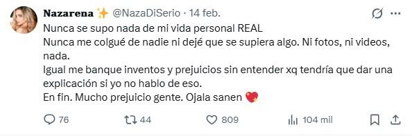 Durante su descargo televisivo, Nazarena Di Serio condenó los prejuicios y la presión social por temas de su vida privada