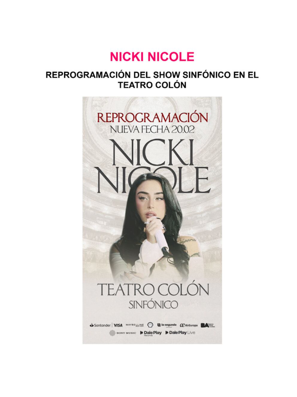 Las entradas adquiridas para la fecha original del concierto sinfónico de Nicki Nicole serán válidas sin trámite adicional para el nuevo día