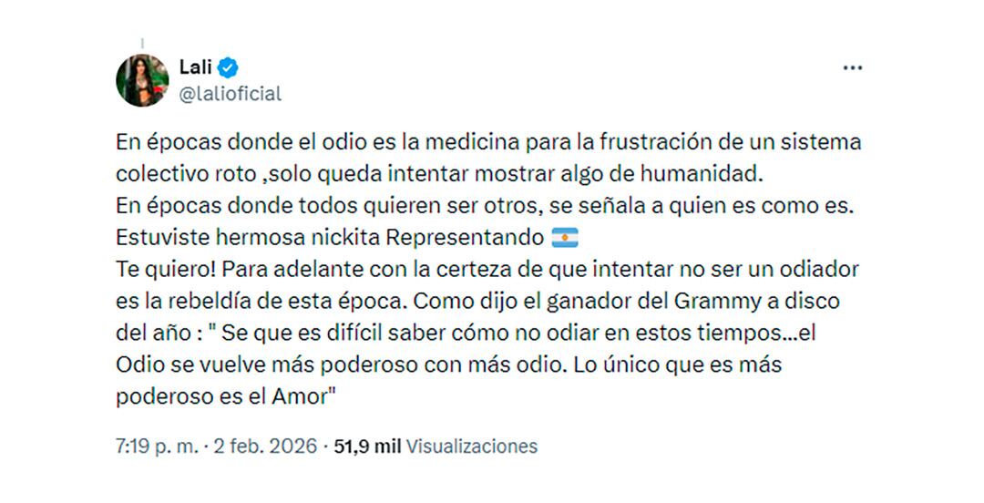 Lali Espósito ofreció un contundente respaldo público a Nicki Nicole, destacando la importancia de la autenticidad frente al odio digital