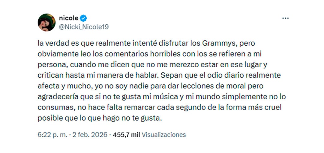 Nicki Nicole expresó el impacto emocional de las críticas tras su paso por los Premios Grammy 2026 en Los Ángeles
