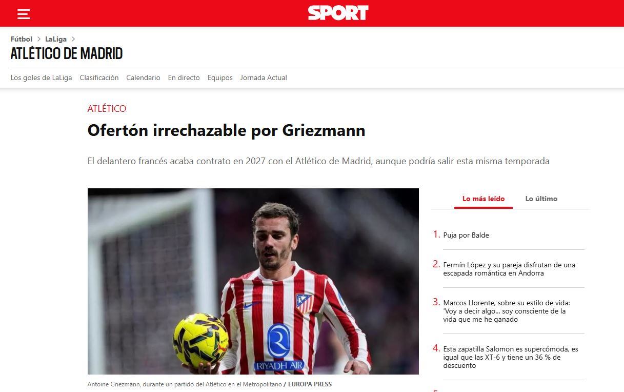 La portada de Sport sobre la oferta que recibió Griezmann de una franquicia de la MLS